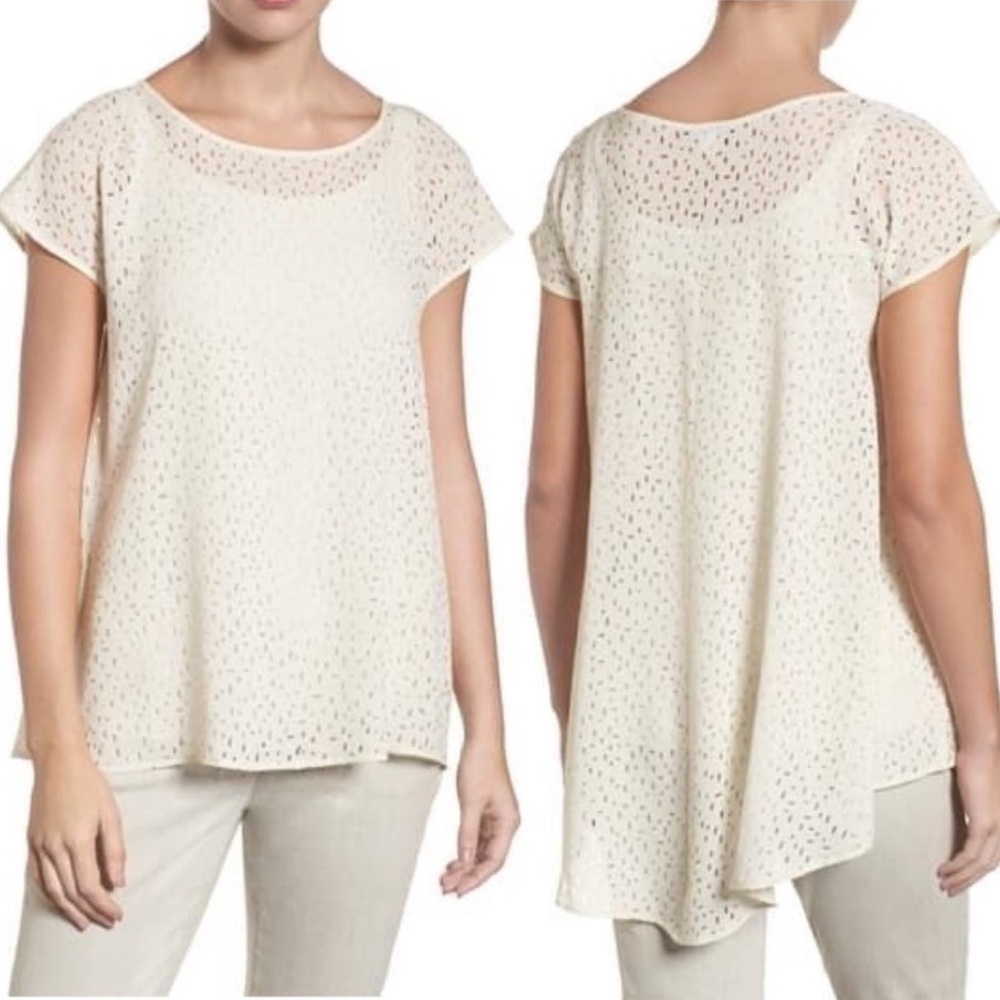 Eileen Fisher‎ Silk Confetti Laser Cut Ballet Neck A-Line Tunic Top Bone Medium